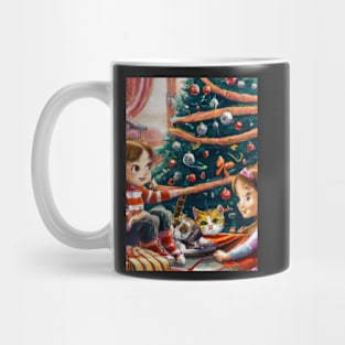 Siblings and Cat on Christmas Morning Mug